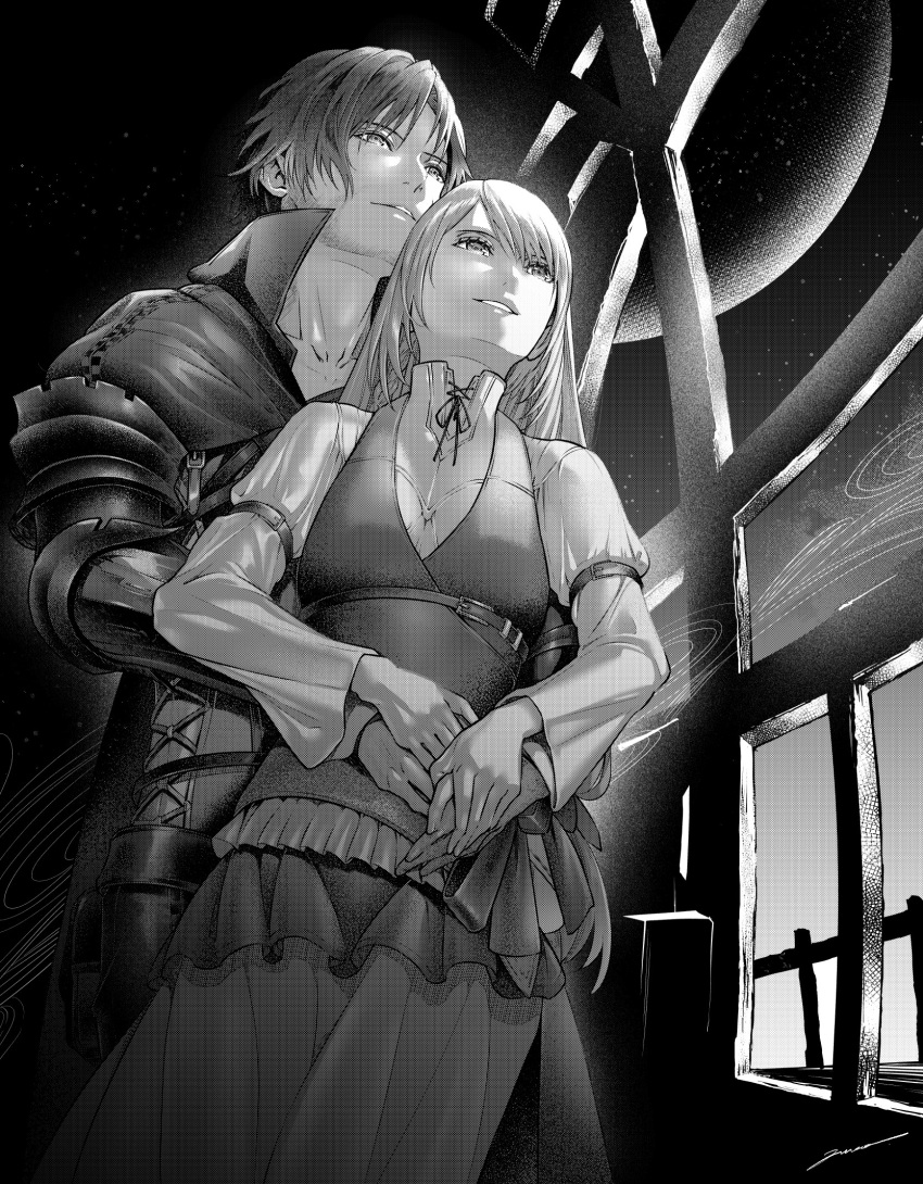 1boy 1girl amatari_sukuzakki beard_stubble chinstrap_beard clive_rosfield couple final_fantasy final_fantasy_xvi greyscale highres hug hug_from_behind jill_warrick leather_vest long_hair low-tied_long_hair monochrome moon neck_ribbon night parted_lips ribbon smile window