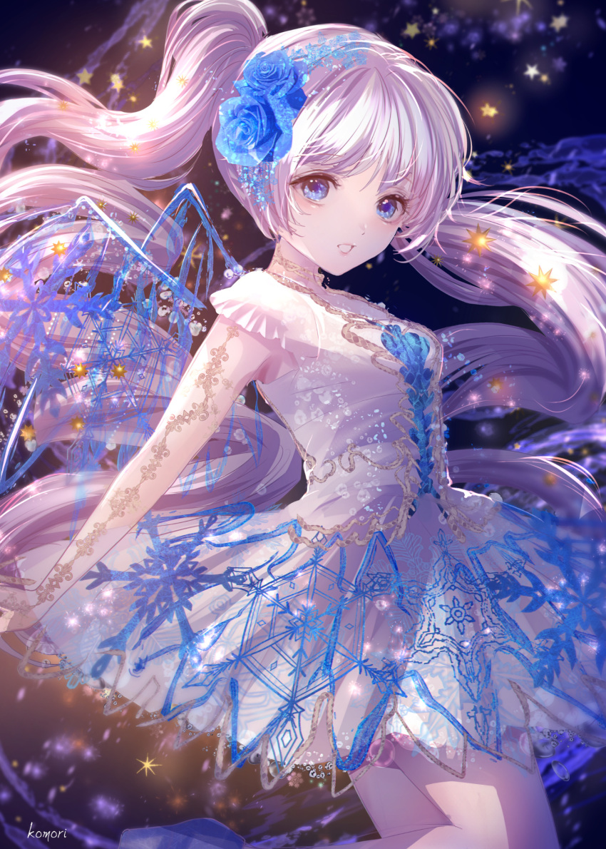 1girl blue_eyes blue_flower dress floating_hair flower hair_flower hair_ornament highres komorihikki leg_up long_hair original parted_lips short_dress solo twintails very_long_hair white_dress white_hair