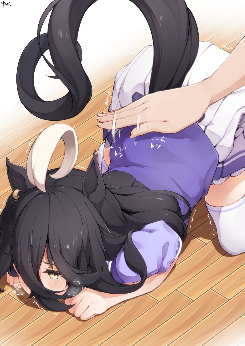 1girl 1other absurdres ahoge animal_ears black_hair commentary_request disembodied_limb earrings hair_between_eyes hibiki_(zerocodo) highres horse_ears horse_girl horse_tail jewelry long_hair manhattan_cafe_(umamusume) multicolored_hair on_ground patting petticoat pleated_skirt prostration puffy_short_sleeves puffy_sleeves purple_shirt school_uniform shirt short_sleeves single_earring skirt solo_focus streaked_hair summer_uniform tail thighhighs umamusume white_hair white_skirt white_thighhighs wooden_floor yellow_eyes