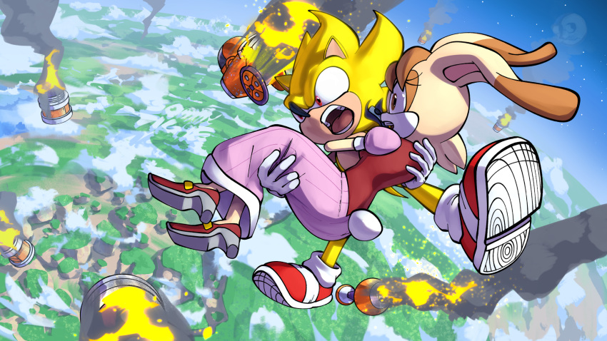 action_pose action_scene anthro atmospheric_perspective breasts bridal_carry bridal_carry_position butt carrying clothed clothing cloudscape debris duo eulipotyphlan falling falling_object female fire fur hedgehog hi_res lagomorph leporid male mammal open_mouth pose rabbit rescue sega sky skydiving sonic_advance_2 sonic_the_hedgehog sonic_the_hedgehog_(series) space super_form super_sonic tan_body tan_fur tighesammy vanilla_the_rabbit water yellow_body yellow_fur