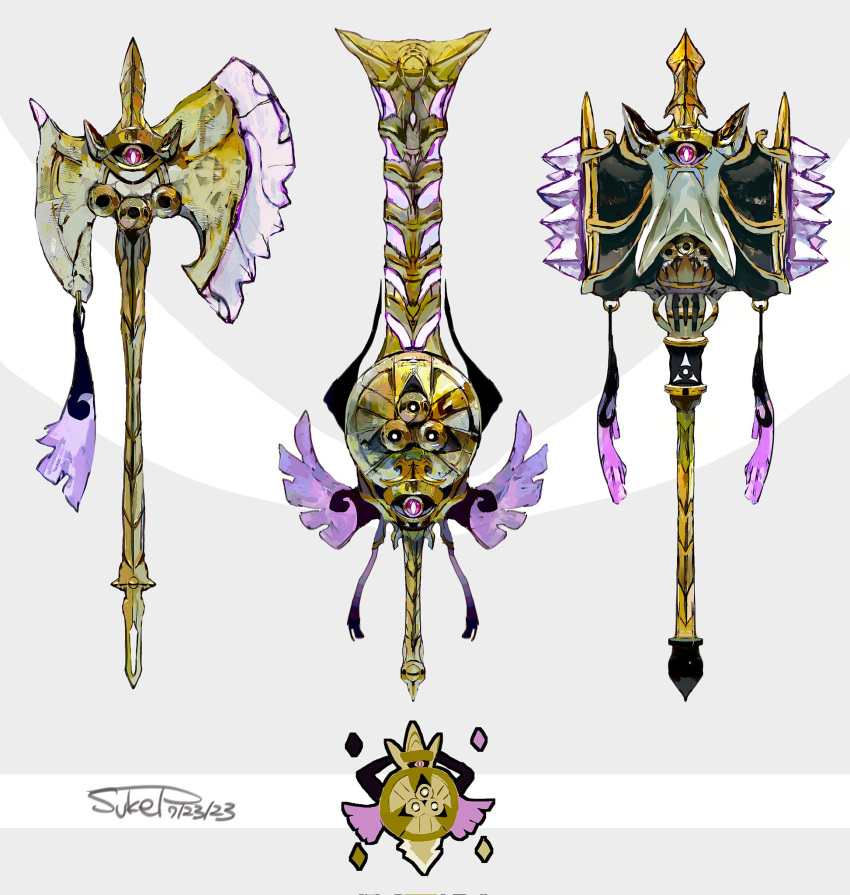 aegislash artist_name axe hammer highres no_humans one-eyed pokemon pokemon_(creature) purple_eyes solo sukepmonster sword weapon