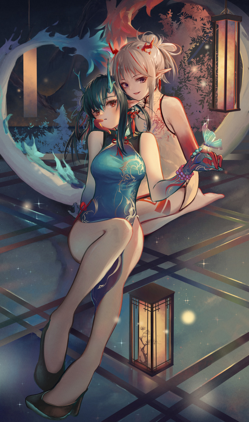 2girls absurdres arknights arm_tattoo bare_shoulders bead_bracelet beads beancake black_footwear black_hair bracelet breasts china_dress chinese_clothes dragon_horns dragon_tail dress dusk_(arknights) dusk_(everything_is_a_miracle)_(arknights) earrings hair_between_eyes highres horns jewelry lantern leg_tattoo long_hair looking_at_viewer medium_breasts multicolored_hair multiple_girls nian_(arknights) nian_(unfettered_freedom)_(arknights) official_alternate_costume pointy_ears purple_eyes red_eyes red_hair seiza siblings sisters sitting sleeveless sleeveless_dress streaked_hair tail tassel tassel_earrings tattoo white_hair