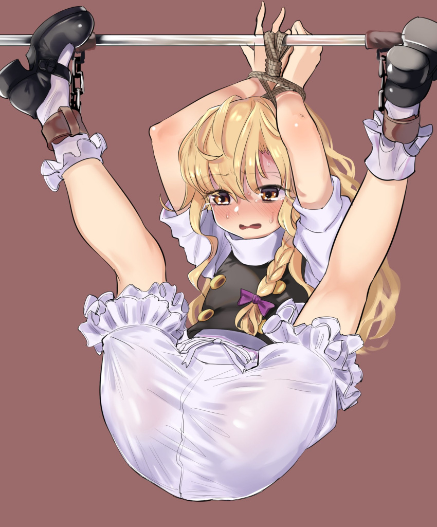 1girl ankle_cuffs arms_up bdsm blonde_hair bloomers blush bondage bound bow braid chain frilled_socks frills gunnjou_yosio hair_bow highres horizontal_bar kirisame_marisa legs_up long_hair no_headwear no_pants open_mouth purple_bow restrained rope shirt shoes short_sleeves single_braid socks solo suspension sweat tearing_up touhou underwear white_bloomers yellow_eyes