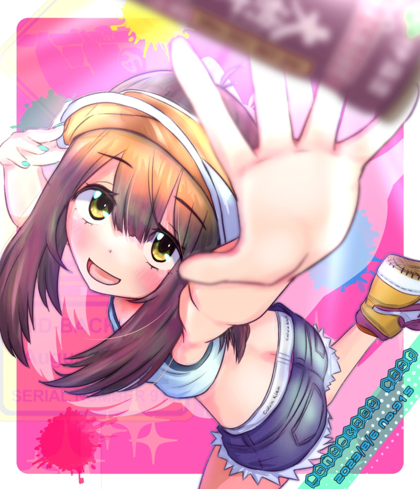 1girl :d blurry blurry_foreground brown_hair camisole crop_top highres jagi_(jagi_souken) nail_polish panties panty_peek shiruko_(food) shoes short_shorts shorts smile sneakers solo toki_ayano underwear visor_cap yellow_eyes yurucamp