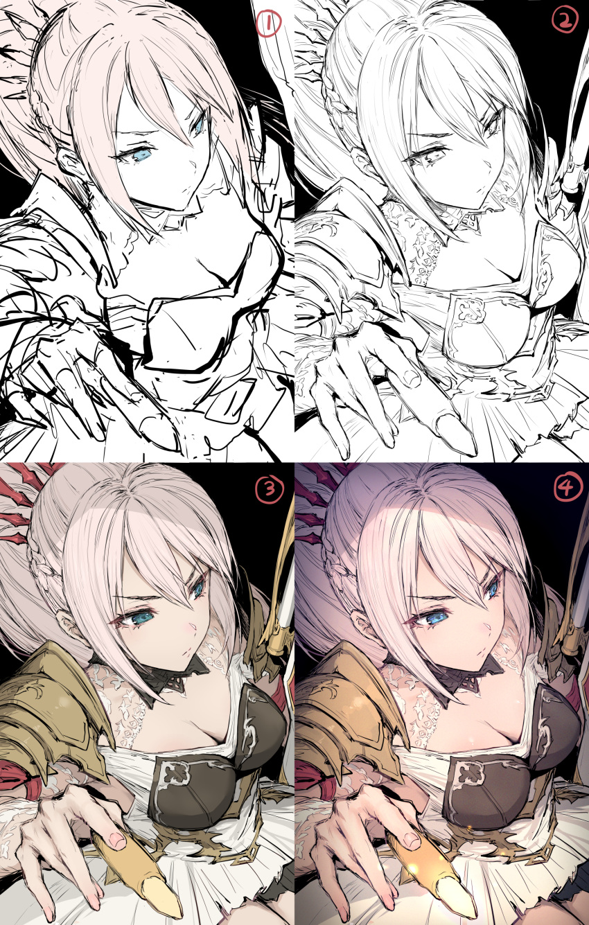 1girl absurdres armor black_background blue_eyes braid breasts bullet cleavage closed_mouth dress from_above frown hair_ornament haoni highres holding large_breasts lineart long_hair making-of ponytail serious shionne_(tales) shoulder_armor simple_background sketch solo tales_of_(series) tales_of_arise white_dress white_hair