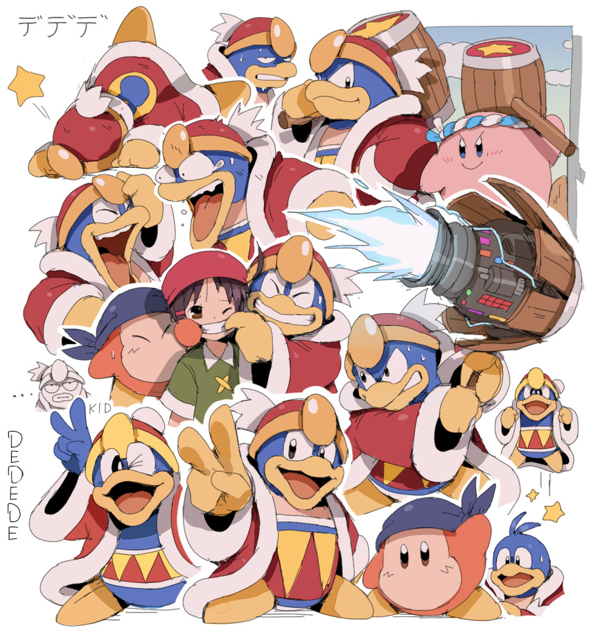 ... ^_^ adeleine angry arm_up bandana bandana_waddle_dee bendedede beret blue_bandana blue_eyes blush brown_eyes brown_hair bulging_eyes character_name clenched_teeth closed_eyes closed_mouth commentary copy_ability energy_gun english_commentary faceplant fallen_down forced_smile fur-trimmed_jacket fur_trim green_shirt grin hachimaki hair_ornament hairclip hammer hammer_kirby hat headband highres holding holding_hammer jacket jitome jumping king_dedede kirby kirby_(series) laughing long_sleeves looking_at_viewer mouth_pull multiple_views no_headwear one_eye_closed open_mouth parted_bangs red_headwear red_jacket shirt short_hair short_sleeves simple_background smile smirk star_(symbol) sweat sweatdrop tears teeth tongue upper_body upper_teeth_only v v-shaped_eyebrows weapon white_background wide-eyed