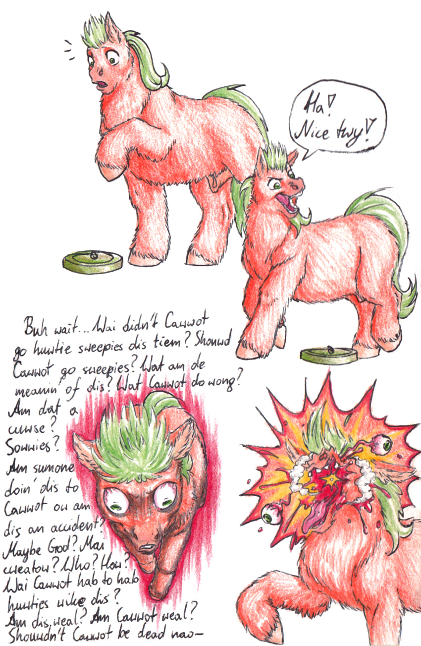 baby_talk blood bodily_fluids dialogue dragonixa english_text explosive_mines explosives feral fluffy_pony fur gore green_eyes green_hair hair hi_res male orange_body orange_fur simple_background solo text white_background