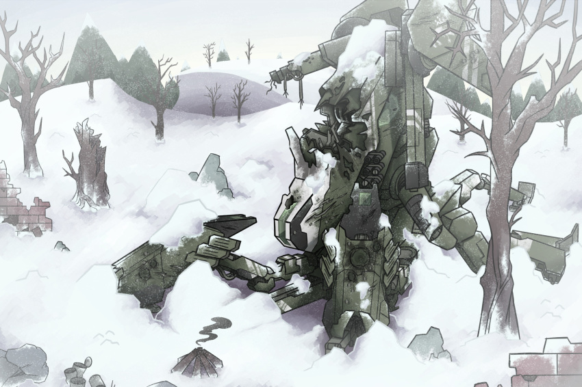 bare_tree brick_wall broken campfire can canned_food codename:_bakery_girl commentary day destroyed english_commentary girls'_frontline highres hydra_(girls'_frontline) kcco_(girls'_frontline) mecha mecha_focus mechanical_parts no_humans open_can outdoors reverse_collapse_(series) robot rock scorch_mark smoke snow tide115 tree weapon wire