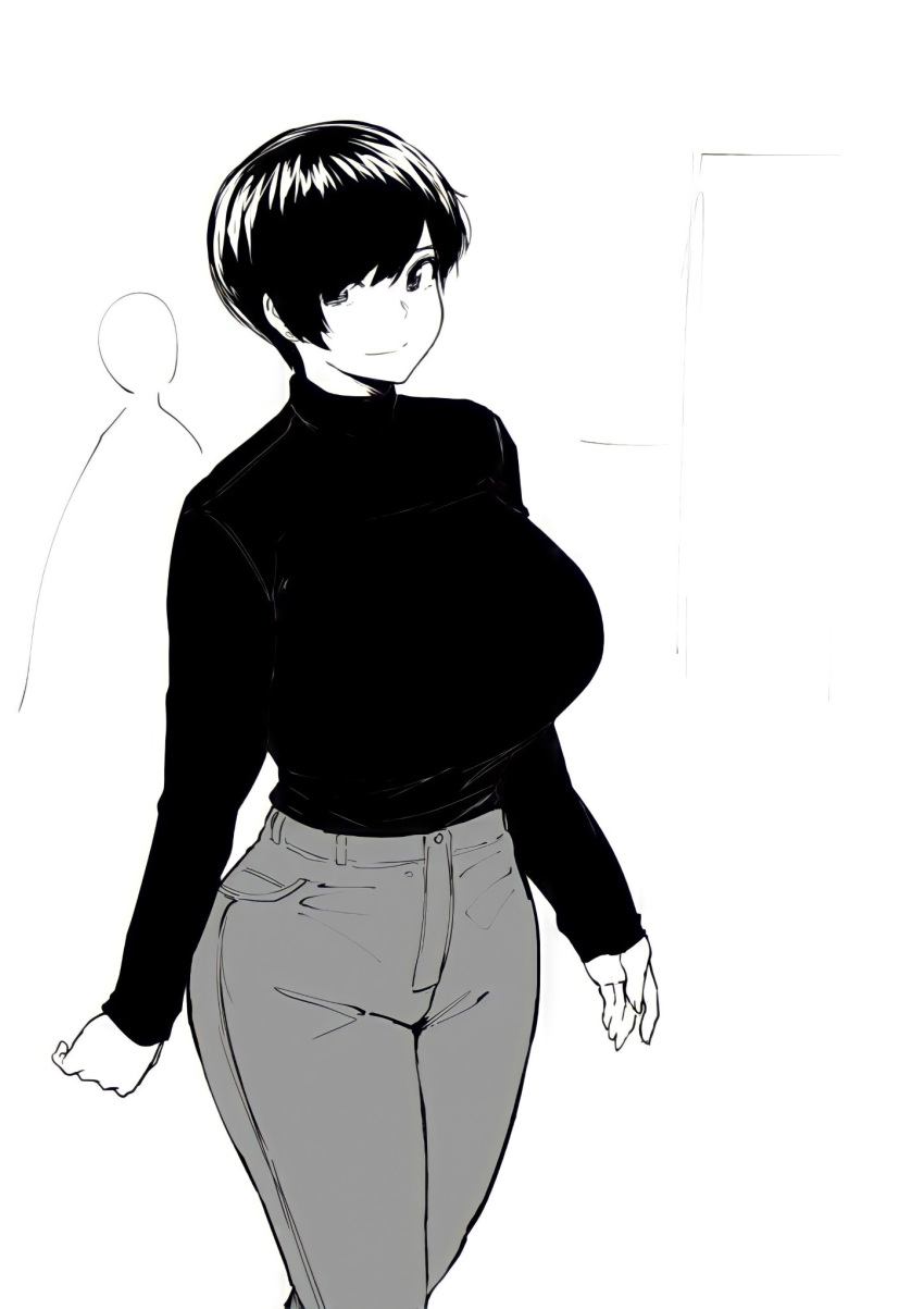 black_hair black_sweater denim highres jeans looking_at_viewer monochrome non-web_source norman_maggot olive_laurentia pants sweater turtleneck turtleneck_sweater