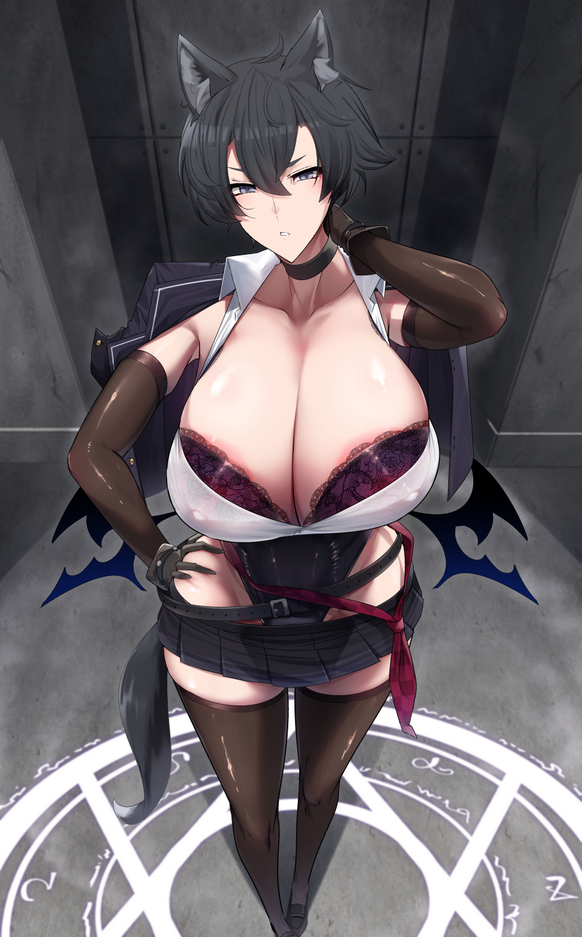 absurd_res animal_humanoid armwear belt big_breasts bigshine000 black_hair blue_eyes bottomwear breasts canid canid_humanoid canine canine_humanoid canis choker clothed clothing digital_media_(artwork) elbow_gloves female gloves hair handwear hi_res huge_breasts humanoid inner_ear_fluff jacket jewelry legwear light_body light_skin lingerie looking_at_viewer mammal mammal_humanoid membrane_(anatomy) membranous_wings necklace necktie red_necktie skirt sleeveless_shirt solo summoning summoning_circle thick_thighs thigh_highs topwear tuft wings wolf wolf_humanoid