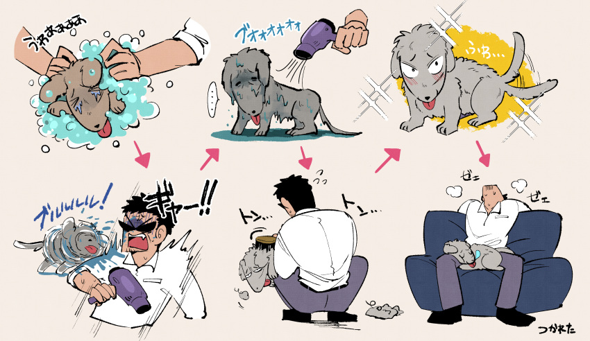 ... 1boy absurdres animal_focus arrow_(symbol) bathing black_hair brown_background brushing bubble collared_shirt commentary_request couch dog endou_yuuji exhausted full_body hair_dryer highres holding holding_hair_dryer inudori kaiji nose_bubble open_mouth petting shirt short_bangs short_sleeves simple_background sitting sparkle squatting sunglasses tail tail_wagging tongue tongue_out translation_request v-shaped_eyebrows water white_shirt