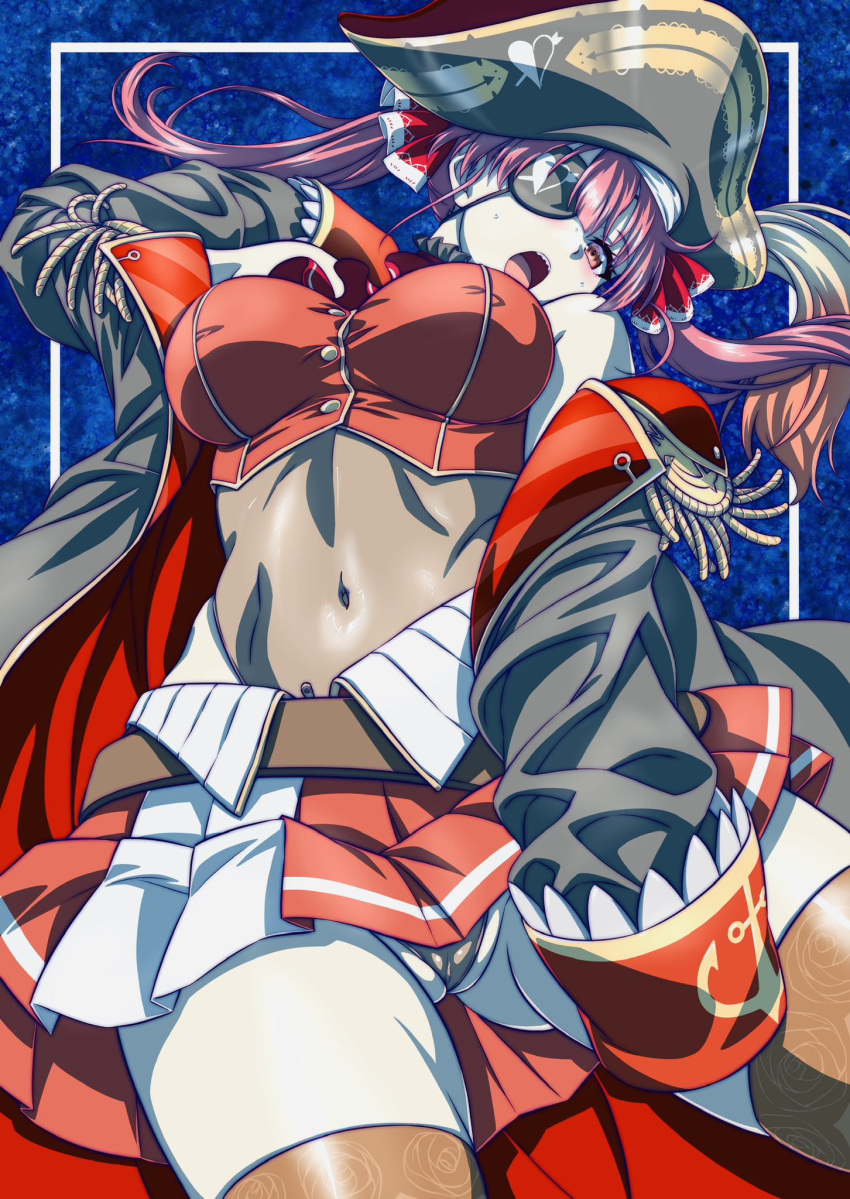1girl ascot bicorne blush breasts choker coin covered_navel cowboy_shot cropped_jacket eyepatch frilled_choker frills gold_coin hat heterochromia highres hololive houshou_marine houshou_marine_(1st_costume) jacket large_breasts leather_belt leotard leotard_under_clothes long_sleeves looking_at_viewer micro_panties navel o-ring o-ring_thigh_strap open_mouth panties pantyshot pirate pirate_hat red_ascot red_hair red_jacket see-through see-through_leotard sleeveless sleeveless_jacket solo thigh_strap thighhighs twintails two-sided_coat two-tone_skirt underwear virtual_youtuber watanabe_yoshihiro