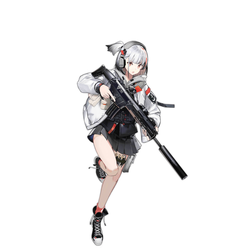 1girl black_footwear black_hair black_skirt black_vest colored_tips cross-laced_footwear fb_msbs_grot full_body girls'_frontline gun headphones highres holding holding_gun holding_weapon jacket load_bearing_vest long_sleeves looking_at_viewer msbs_(girls'_frontline) multicolored_hair object_request official_art open_clothes open_jacket open_mouth pleated_skirt red_eyes red_flowers red_hair red_socks shoes short_hair side_ponytail simple_background skirt sneakers socks solo standing standing_on_one_leg streaked_hair thigh_pouch thigh_strap third-party_source transparent_background trigger_discipline vest weapon white_bag white_hair white_jacket