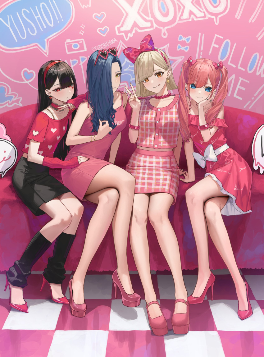 4girls arm_support arm_warmers bare_legs black_skirt blonde_hair blue_eyes blue_hair blunt_bangs blush bow breasts brown_eyes character_request closed_mouth collarbone commentary copyright_request couch cropped_shirt crossed_legs dangle_earrings double-parted_bangs dress earrings eyelashes eyewear_on_head facial_mark feet full_body hair_bow hair_over_one_eye hair_over_shoulder hairband hand_on_own_face hara_kenshi heart heart_facial_mark high_heels highres indoors jewelry leaning_to_the_side leg_warmers legs long_hair looking_at_viewer medium_breasts multiple_girls necklace off-shoulder_dress off_shoulder on_couch parted_bangs patterned_clothing pink_background pink_dress pink_footwear pink_hair pink_shirt pink_skirt platform_footwear print_dress print_shirt print_skirt red_hair red_hairband red_nails ring shadow shirt short_dress sitting skirt sleeveless sleeveless_dress sleeveless_shirt small_breasts smile stiletto_heels sunglasses swept_bangs symbol-only_commentary thighs tile_floor tiles toe_cleavage toes tongue tongue_out twintails v white_bow yellow_eyes