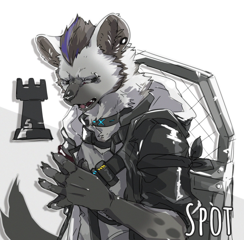 2023 absurd_res anthro ao_gravity arknights bandolier black_body black_fur black_hair blue_hair clothing collar ear_piercing eyebrow_piercing facial_piercing fur grey_body grey_fur hair hi_res hyena hypergryph jacket male mammal multicolored_hair piercing riot_shield shirt solo spot_(arknights) spots spotted_body spotted_fur spotted_hyena studio_montagne t-shirt topwear two_tone_hair