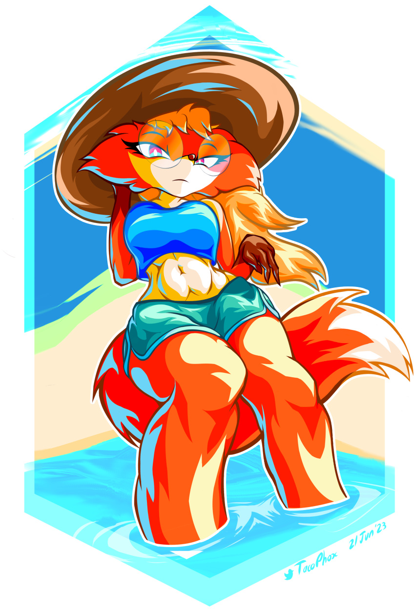 absurd_res anthro beach big_tail canid canine clothed clothing digital_media_(artwork) eyewear female fox fur glasses hat headgear headwear hi_res linux looking_at_viewer mammal midriff outside red_body red_fox red_fur seaside solo sunny swimming_trunks swimwear tacophox tail thick_thighs trans_(lore) trans_woman_(lore) water white_body white_fur xenia_(linux_fox)