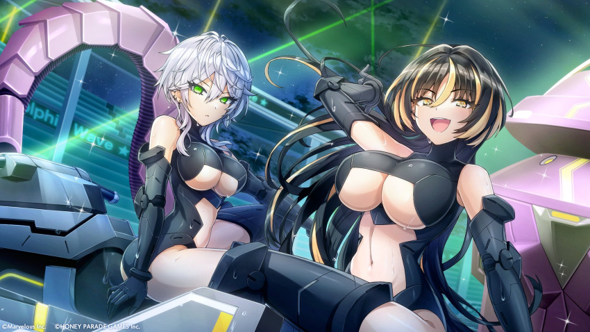 2girls amadea_wolfa black_hair breasts clothing_cutout dolphin_wave earrings elbow_gloves gloves green_eyes highres jet_ski jewelry long_hair multicolored_hair multiple_girls navel_cutout official_art ootomo_takuji open_mouth sarah_anthony short_hair sitting streaked_hair underboob white_hair yellow_eyes