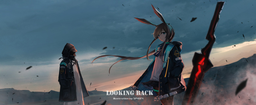 absurdres amiya_(arknights) animal_ears arknights artist_name black_jacket black_pantyhose black_skirt blue_eyes blue_jabot blue_jacket brown_hair cloud cloudy_sky cowboy_shot de4d_fish debris doctor_(arknights) dress dusk evening floating_hair from_side hair_ornament hands_in_pockets highres hood hood_down hood_up hooded_jacket horizon horse_ears horse_girl infection_monitor_(arknights) jacket legs_together long_hair looking_at_viewer miniskirt open_clothes open_jacket outdoors pantyhose planted planted_sword pleated_skirt ponytail scenery shirt skirt sky sword thighlet very_long_hair watermark weapon white_dress white_shirt