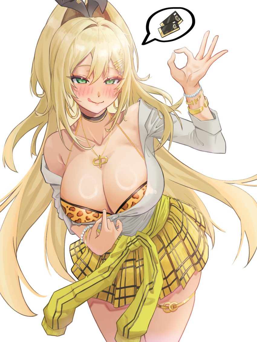 1girl blonde_hair bluepaint blush breasts cleavage closed_mouth goddess_of_victory:_nikke green_eyes highres jewelry large_breasts long_hair long_sleeves looking_at_viewer money_gesture necklace plaid plaid_skirt ponytail rupee_(nikke) shirt simple_background skirt smile solo spoken_money thigh_strap tongue tongue_out white_background white_shirt yellow_skirt