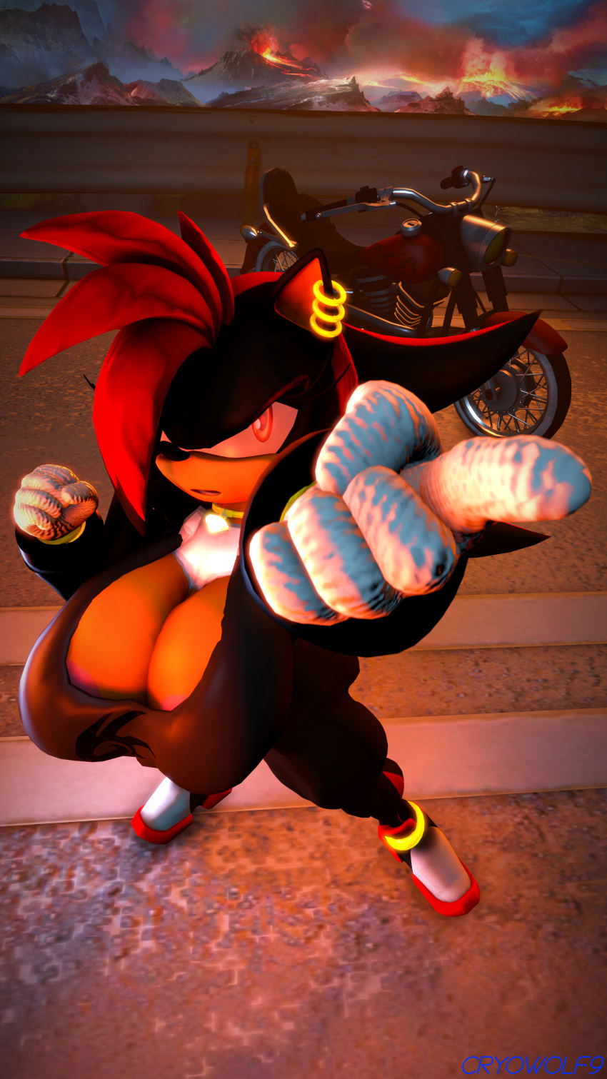 3d_(artwork) absurd_res anthro breasts choker clothing crossgender digital_media_(artwork) ear_piercing female gloves handwear hi_res jacket jewelry motorcycle necklace piercing pose ring sega shadow_the_hedgehog shirt solo sonic_the_hedgehog_(series) source_filmmaker standing topwear unknown_artist vehicle