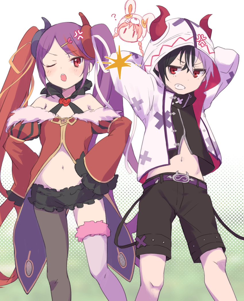 1boy 2girls ;o ? animal_ears animal_hat arms_behind_head arms_up bare_shoulders black_hair black_pantyhose black_shirt black_shorts blush braid button_eyes clenched_teeth commentary_request demon_horns dress fake_animal_ears fur-trimmed_dress fur-trimmed_legwear fur_trim gucchiann hair_between_eyes halftone halftone_background hands_on_own_hips hat highres hood hood_up hooded_jacket horns horns_through_headwear jacket juliet_sleeves kariza_(princess_connect!) long_hair long_sleeves low_twintails mimi_(princess_connect!) misaki_(princess_connect!) multicolored_hair multiple_girls navel off-shoulder_dress off_shoulder one_eye_closed open_mouth pantyhose pink_hair princess_connect! puffy_sleeves purple_hair rabbit_ears rabbit_hat red_dress red_eyes red_hair shirt short_shorts shorts single_leg_pantyhose single_thighhigh sleeves_past_fingers sleeves_past_wrists streaked_hair teeth thighhighs twin_braids twintails two-tone_hair very_long_hair white_hair white_jacket white_thighhighs |_|