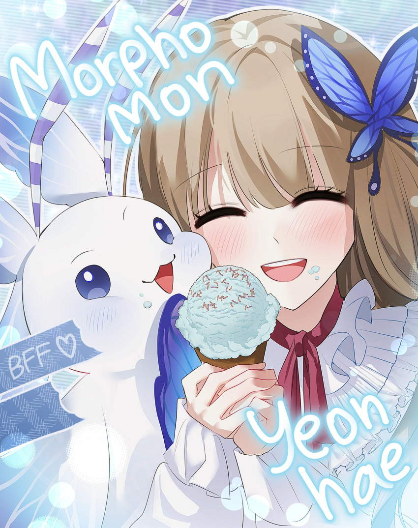 1girl 1other antennae blue_eyes blush bug butterfly butterfly_hair_ornament butterfly_wings digimon english_text food hair_ornament highres holding holding_food holding_ice_cream ice_cream ice_cream_cone light_brown_hair long_hair morphomon nabii_oo open_mouth original teeth upper_body upper_teeth_only watermark wings