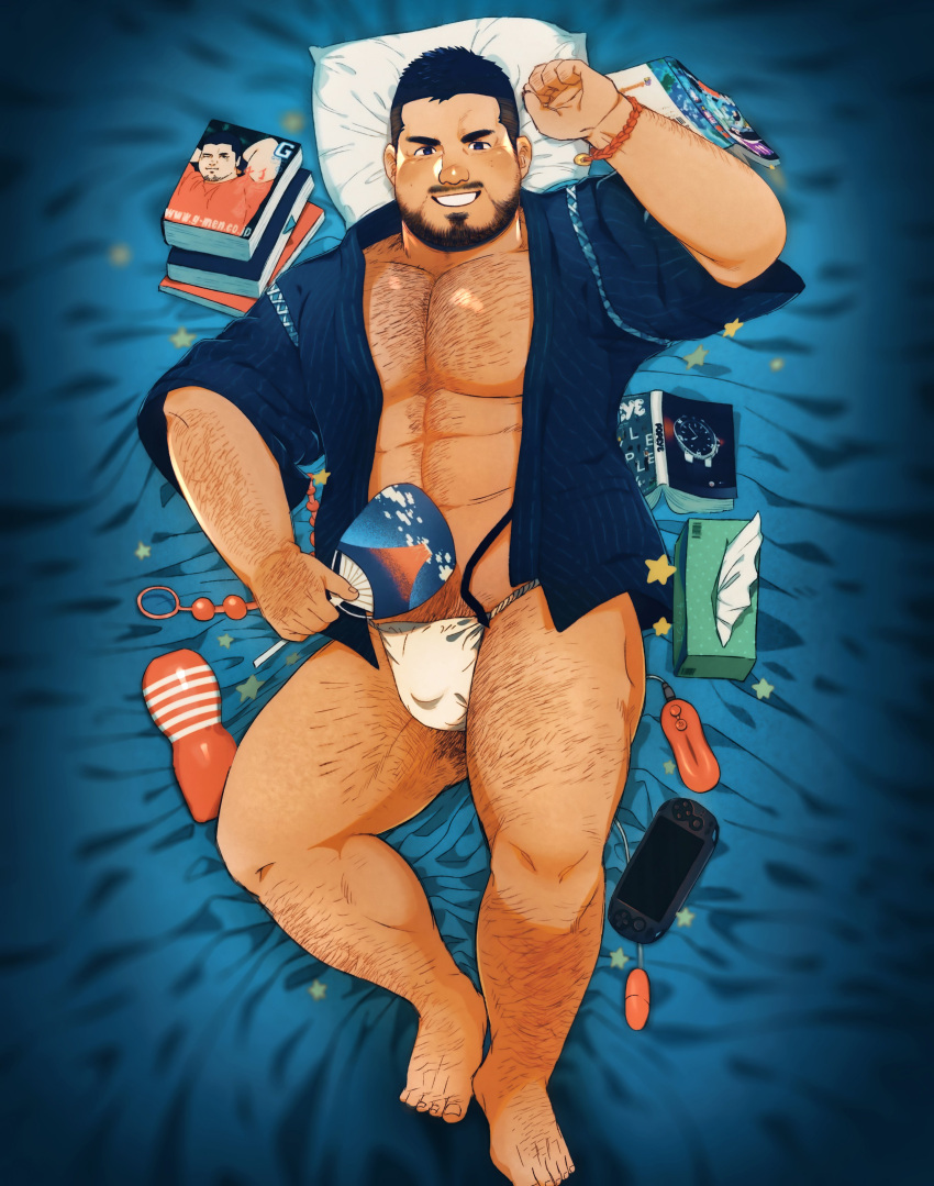 1boy abs absurdres arm_hair arm_up bad_id bad_twitter_id bara bulge chest_hair daisukebear dark-skinned_male dark_skin from_above full_beard full_body fundoshi grin hairy hand_hair handheld_fan happi highres japanese_clothes knee_up large_pectorals leg_hair looking_at_viewer male_focus manga_(object) mature_male muscular muscular_male original paid_reward_available pectorals plump pornography sex_toy short_hair sideburns smile solo tenga thick_eyebrows thick_thighs thighs tissue undercut vibrator