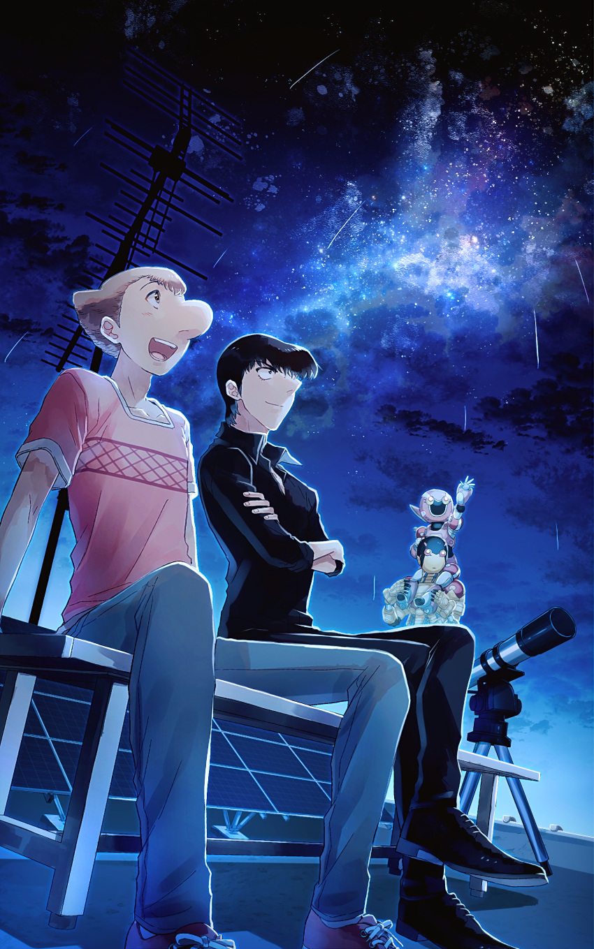 2boys 2others a106 absurdres atom:_the_beginning bench big_nose black_footwear black_hair black_pants black_shirt blue_sky brown_hair character_request crossed_arms denim highres iyo_(kurumiwarin) jeans male_focus multiple_boys multiple_others night night_sky ochanomizu_hiroshi pants pink_shirt radio_antenna robot rooftop shirt shoes shooting_star sitting sky sneakers solar_panel standing t-shirt telescope tenma_umatarou