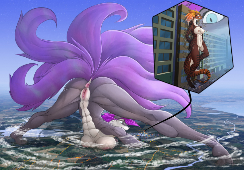 2021 2d_(artwork) 9_tails abs absurd_res anthro anthro_focus anus aria_(silentfan42) asian_mythology ass_up atmospheric_perspective big_breasts big_butt big_muscles biped blue_eyes breast_rest breasts breasts_on_ground building building_destruction butt canid canine cheek_tuft city cloud colored countershade_torso countershading cracks crater crotch_tuft crushed_car destruction dragon duo_focus east_asian_mythology extreme_size_difference facial_tuft female female_focus fleeing flexible fox fur genitals giga grey_body grey_fur group hair helaviskrew hi_res hiding human jack-o'_pose korean_mythology kumiho landscape landscape_dwarfing large_group larger_anthro larger_female lava looking_down low-angle_view macro mammal medium_hair meme motion_lines multi_tail multilevel_macro multiple_angles muscular muscular_anthro muscular_female muscular_legs mythological_canine mythological_fox mythology navel nude orange_hair pink_hair plantigrade pose purple_hair pussy raised_heel rear_view red_body red_scales reptile river scales scalie sea searching shaking size_difference skyscraper smaller_ambigious smaller_female smaller_human snake spiky_hair spread_legs spreading standing tail tan_body tan_fur tan_scales teal_eyes tuft water yellow_eyes