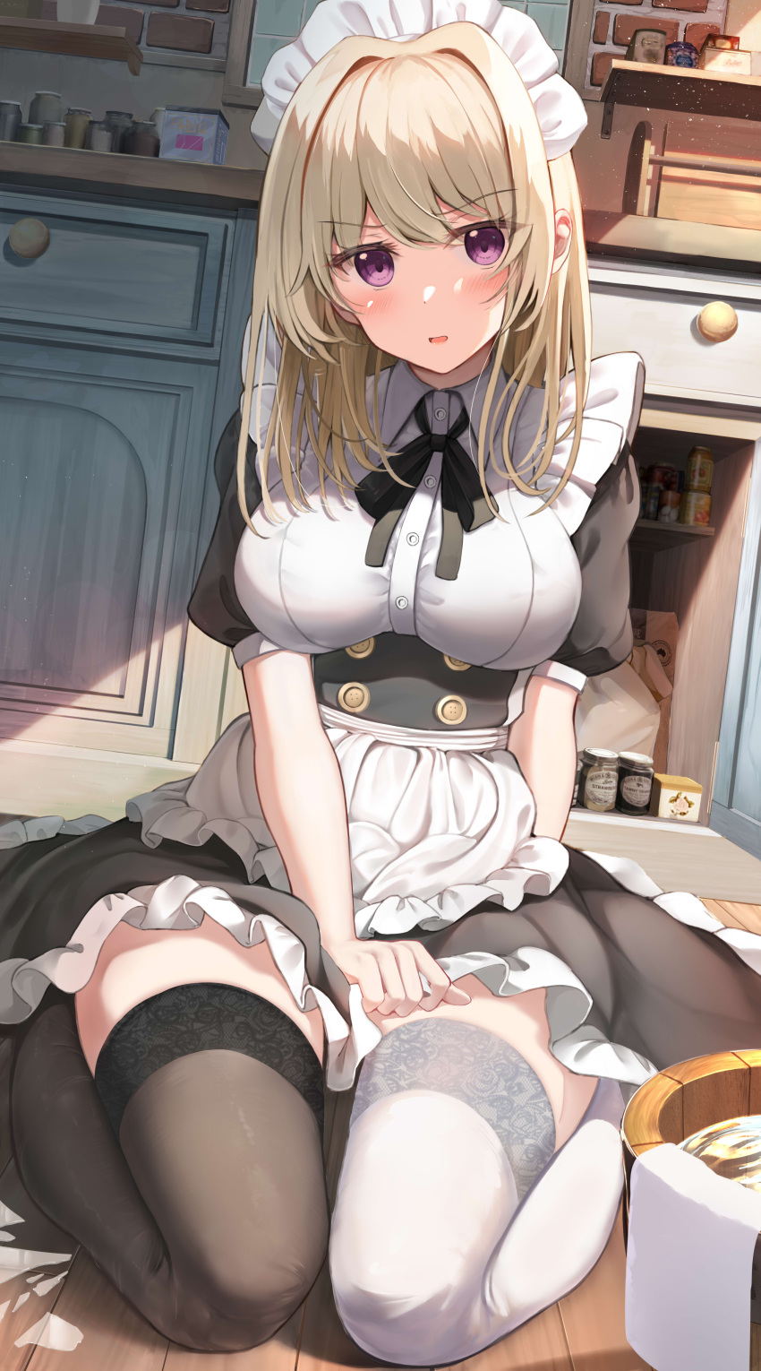 1girl absurdres apron asymmetrical_legwear black_ribbon black_skirt black_thighhighs blush breasts breasts_apart brick_wall brown_hair buttons cabinet collared_shirt double-breasted dutch_angle floral_print frilled_apron frilled_skirt frills full_body hair_between_eyes highres hiragi_ringo kitchen large_breasts legs_together long_hair maid maid_headdress neck_ribbon open_mouth original pleated_skirt print_thighhighs puffy_short_sleeves puffy_sleeves purple_eyes raised_eyebrows ribbon shirt short_sleeves sidelocks sitting skirt skirt_tug solo thigh_gap thighhighs thighs waist_apron washbowl white_apron white_shirt white_thighhighs zettai_ryouiki