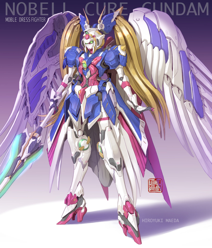 artist_name blonde_hair character_name full_body fusion g_gundam glowing glowing_eyes green_eyes gundam gundam_wing gundam_wing_endless_waltz highres holding holding_weapon looking_ahead maeda_hiroyuki mecha mechanical_hair nobel_gundam open_hand precure ranguage redesign robot shadow twintails weapon wing_gundam_zero_custom