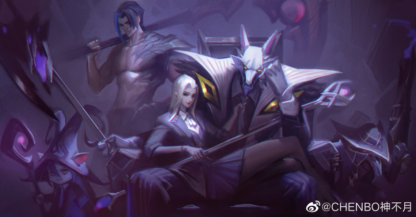 2girls 3boys alternate_costume armor black_headwear blonde_hair chair chenbo ears_through_headwear furry furry_male gun hand_up highres holding holding_gun holding_scythe holding_staff holding_weapon kayn_(league_of_legends) league_of_legends long_hair looking_at_viewer lulu_(league_of_legends) lux_(league_of_legends) lying_on_lap mask miniskirt multiple_boys multiple_girls nasus necktie necktie_grab neckwear_grab pants pleated_skirt pointy_ears rat_boy scythe single_bare_shoulder sitting skirt smile staff striped striped_pants twitch_(league_of_legends) weapon wolf_boy yordle