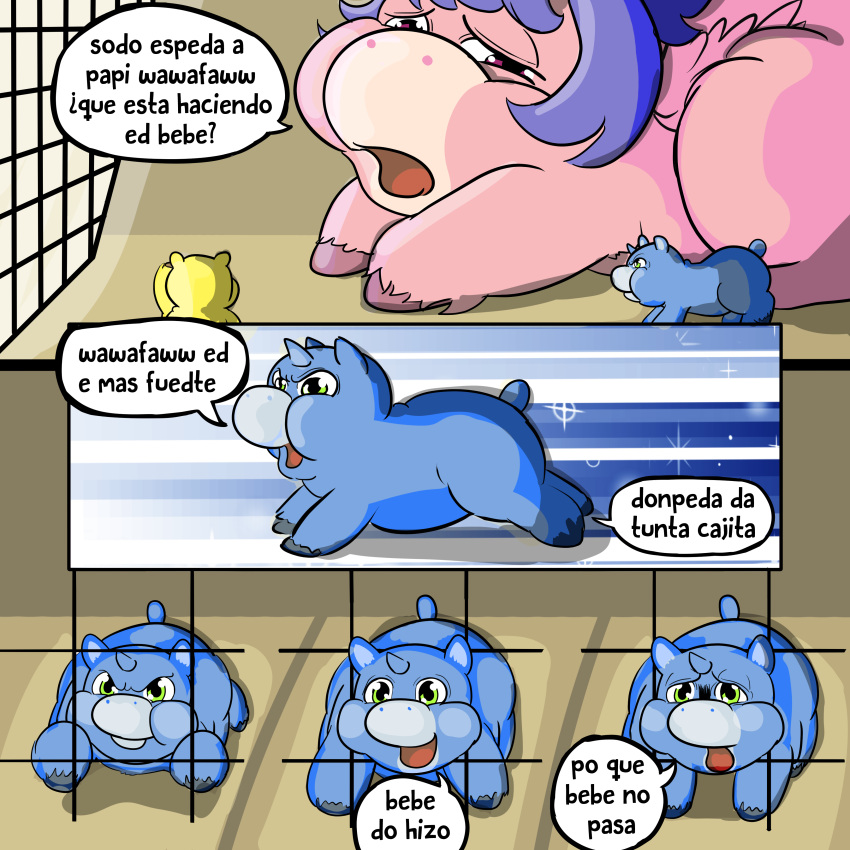1:1 absurd_res ambiguous_gender bebe_(fluffy_pony) blue_body blue_fur blue_hair cage comic english_text equid equine female feral fluffy_pony fluffy_pony_(species) fur green_eyes group hair hi_res horn inshi mammal mother_(lore) mother_and_child_(lore) parent_(lore) parent_and_child_(lore) pegasus pet_carrier pink_body pink_fur purple_eyes sibling_(lore) spanish_text stuck sunshine_(fluffy_pony) text trio unicorn waterfall_(fluffy_pony) wings