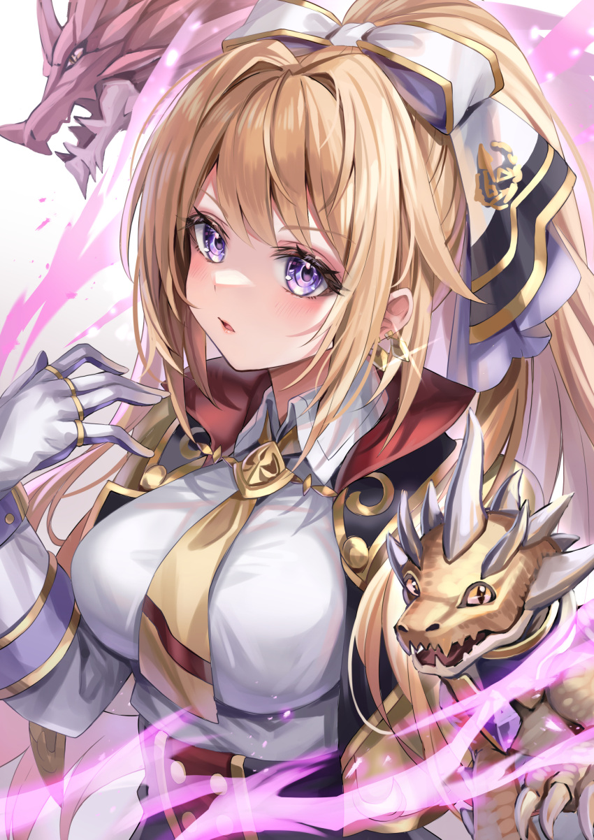 1girl 2others akami770 bejeweled_dragon blonde_hair blue_coat blue_skirt blush breasts brooch coat collared_shirt dragon earrings fangs gem gloves gold hair_between_eyes hair_ornament hair_ribbon hand_up high_collar highres jewelry large_breasts lilium_(shadowverse) long_hair long_sleeves looking_at_viewer multiple_others necktie open_mouth ponytail purple_eyes purple_gemstone ribbon scales shadowverse shirt simple_background skirt slit_pupils solo_focus spikes tongue upper_body white_ribbon white_shirt wing_collar yellow_necktie