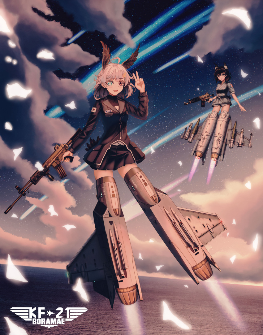 2girls absurdres ace_combat ahoge black_jacket black_skirt brown_hair cloud comet gun hair_ornament hairclip head_wings heterochromia highres holding holding_gun holding_weapon jacket long_hair mecha_musume mikanjam multiple_girls open_mouth original skirt sky south_korean_flag star_(sky) starry_sky strike_witches tail_feathers v water weapon weapon_request white_hair white_jacket wings world_witches_series