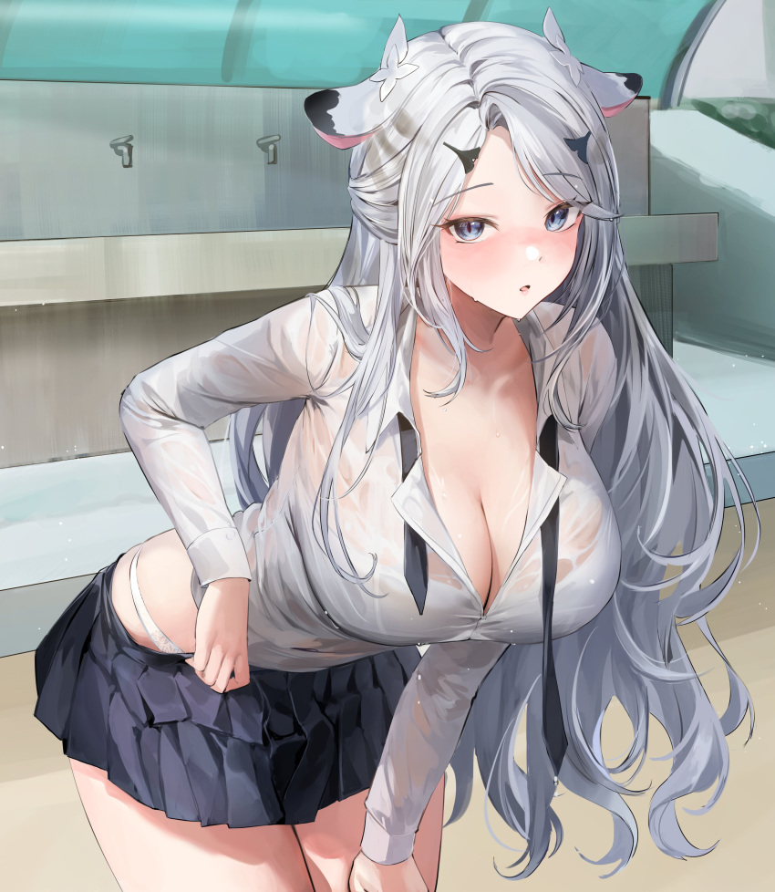 1girl absurdres animal_ear_fluff blush bra breasts grey_eyes grey_hair highres large_breasts leaning_forward lillly long_hair long_sleeves looking_at_viewer necktie original outdoors panties parted_lips pleated_skirt shirt skirt solo thighs underwear very_long_hair virtual_youtuber wet wet_clothes wet_shirt