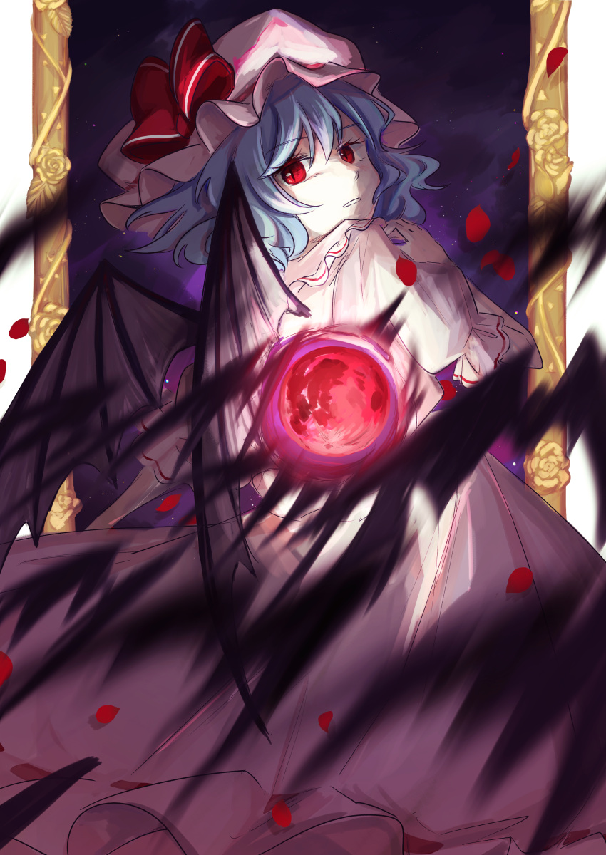 1girl absurdres bat_(animal) bat_wings blue_hair bow dress embodiment_of_scarlet_devil flower hat hat_bow highres looking_at_viewer looking_back mob_cap puffy_short_sleeves puffy_sleeves red_eyes remilia_scarlet rose short_hair short_sleeves solo touhou uzumibi white_dress wings