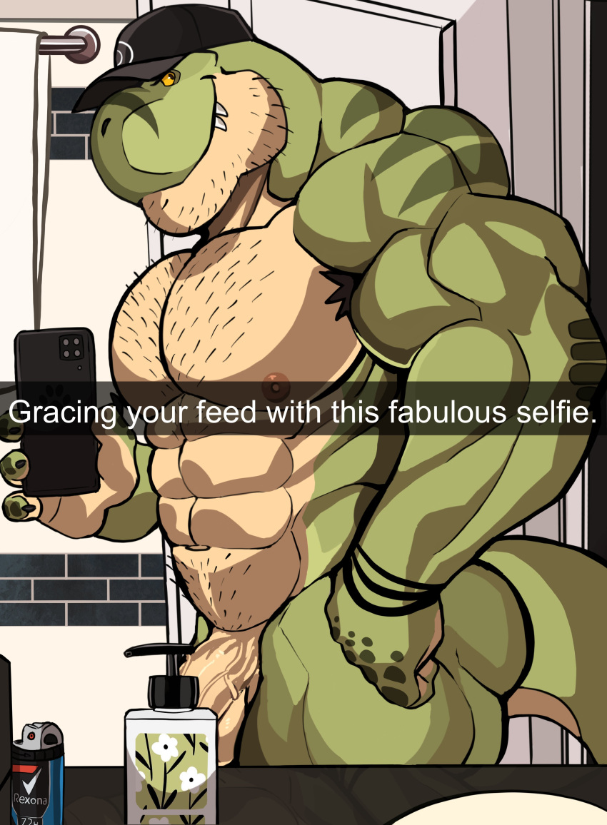 2023 abs absurd_res anthro armpit_hair baseball_cap bathroom biceps black_clothing black_hat black_headwear body_hair bottle bracelet butt cellphone chest_hair claws clothing container darknaigart deltoids dinosaur finger_claws genitals green_body green_scales hat headgear headwear hi_res holding_cellphone holding_object holding_phone holding_smartphone jace_(darknaig) jewelry male mirror multicolored_body multicolored_scales muscular muscular_anthro muscular_male muscular_thighs nipples nude obliques pecs penis phone pubes reflection reptile scales scalie selfie sink smartphone smile soap_dispenser solo spray tan_body tan_scales theropod tile tile_wall towel two_tone_body two_tone_scales tyrannosaurid tyrannosaurus tyrannosaurus_rex vein veiny_penis wall_(structure) yellow_sclera