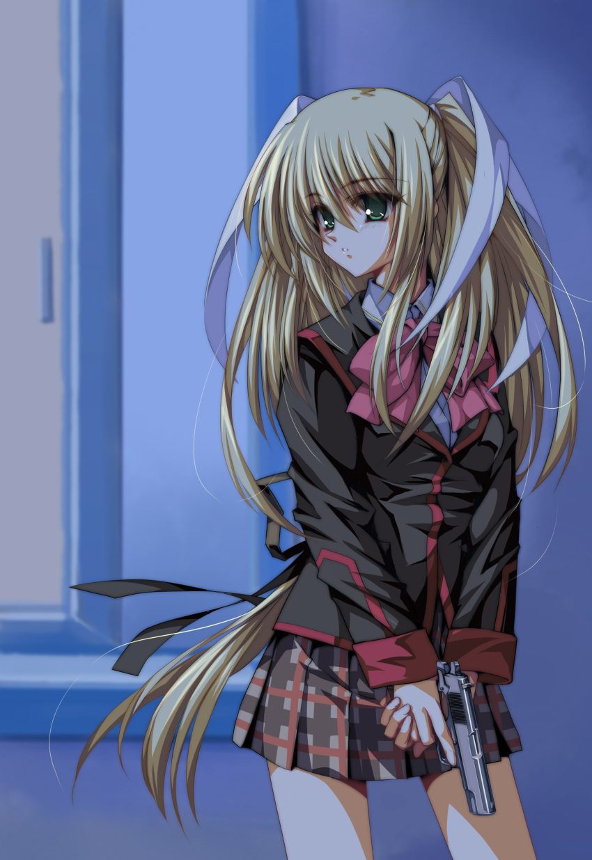 1girl absurdres black_jacket blonde_hair blurry blurry_background bow breasts commentary cowboy_shot eyelashes eyes_visible_through_hair floating_hair green_eyes grey_skirt gun hair_between_eyes hair_ribbon handgun highres holding holding_gun holding_weapon indoors jacket light_blush little_busters! long_hair long_sleeves longmei_er_de_tuzi looking_to_the_side medium_breasts miniskirt night nose own_hands_together parted_lips pink_bow plaid plaid_skirt pleated_skirt ribbon school_uniform sidelighting sidelocks skirt solo standing straight_hair tokido_saya two_side_up uniform v_arms very_long_hair weapon white_ribbon
