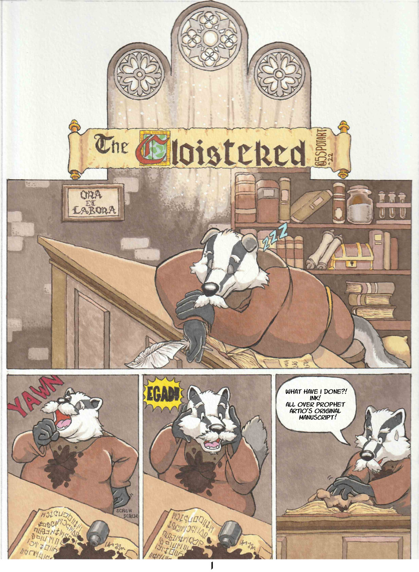 2022 absurd_res anthro badger belly black_nose book bookshelf comic detailed_background english_text eyes_closed facial_hair fivespot furniture hi_res humanoid_hands inside male mammal medieval monk mustache mustelid musteline open_mouth overweight overweight_male sleeping solo surprise text yawn
