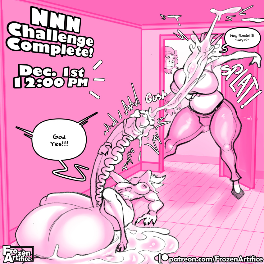 2023 absurd_res anthro areola balls being_watched big_balls big_breasts big_penis bodily_fluids breasts claws clothed clothing comic cum cum_covered cum_on_face cum_pool cum_pooling cumshot_on_face dialogue digital_media_(artwork) dragon dripping ejaculation english_text erection excessive_cum excessive_genital_fluids frozenartifice fur genital_fluids genitals hair hands-free hi_res horn huge_balls huge_penis humanoid_genitalia humanoid_penis hyena hyper hyper_balls hyper_genitalia inner_ear_fluff intersex ira_(frozenartifice) leaking_precum looking_at_another lying mammal masturbation meme messy muscular muscular_anthro nipple_piercing nipples no_nut_november nude on_back open_mouth penis piercing precum precum_drip roxie_(frozenartifice) scalie simple_background speech_bubble spontaneous_ejaculation spotted_hyena sweat tail teeth text thick_thighs topwear tuft vein veiny_penis wide_hips