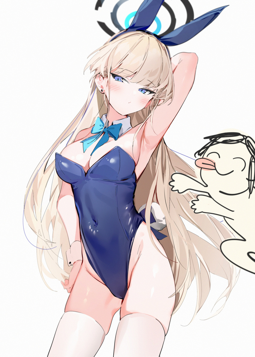 1boy 1girl absurdres animal_ears arm_behind_head arm_up armpits arona's_sensei_doodle_(blue_archive) bare_arms bare_shoulders blonde_hair blue_archive blue_bow blue_eyes blue_hairband blue_leotard blush bow breasts cleavage closed_eyes closed_mouth collar commentary covered_navel detached_collar earrings fake_animal_ears fake_tail groin hairband half-closed_eyes halo highres jewelry leotard long_hair looking_at_viewer medium_breasts playboy_bunny rabbit_ears rabbit_tail sensei_(blue_archive) silver_(chenwen) simple_background solo_focus strapless strapless_leotard stud_earrings tail thighhighs toki_(blue_archive) toki_(bunny)_(blue_archive) tongue tongue_out very_long_hair white_background white_collar white_thighhighs wing_collar