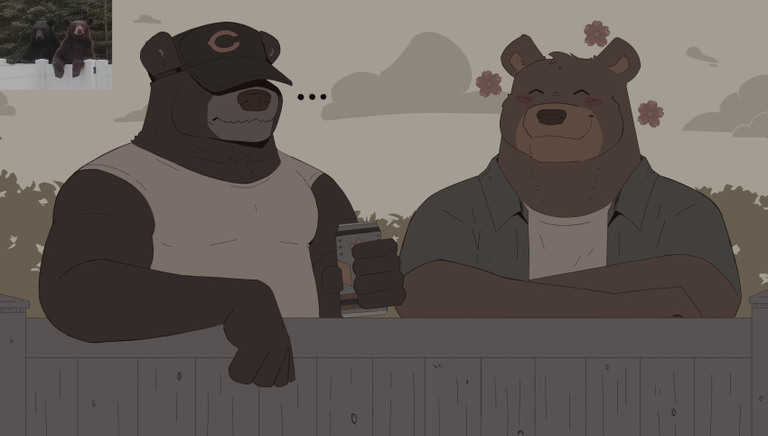 2023 anthro bear biped black_body brown_body can clothing container detailed_background duo ellipsis eyes_closed hat headgear headwear hi_res humanoid_hands male mammal outside real shirt slightly_chubby thebearalliance topwear