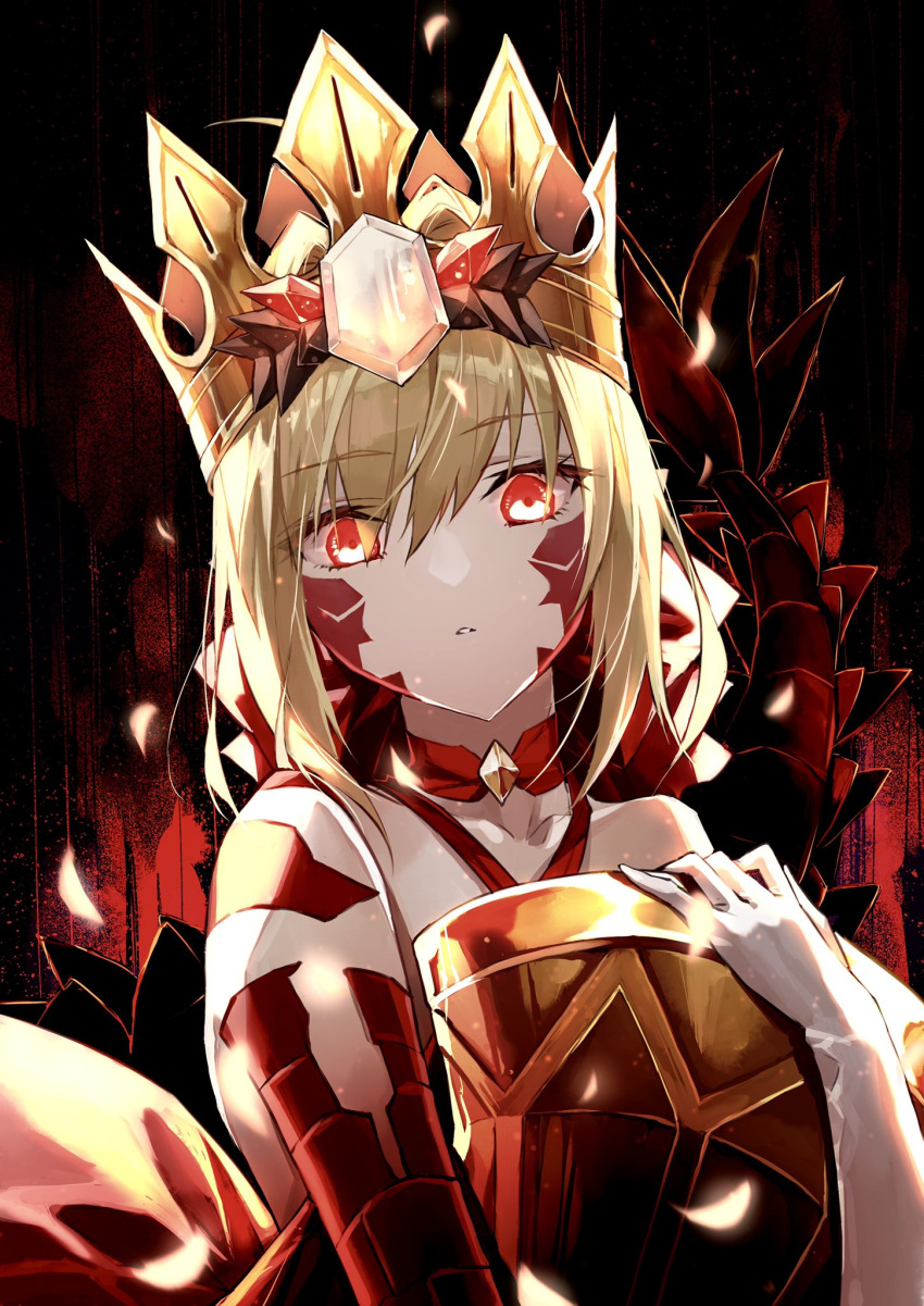 1girl ahoge bikini blonde_hair braid breasts chalice collarbone criss-cross_halter crown dragon_tail elbow_gloves facial_mark fate/grand_order fate_(series) french_braid gloves hair_bun hair_intakes hair_ribbon halterneck highres kino_kokko long_hair looking_at_viewer nero_claudius_(fate) pointy_ears queen_draco_(fate) red_bikini red_eyes red_ribbon ribbon scales single_glove small_breasts solo swimsuit tail white_gloves