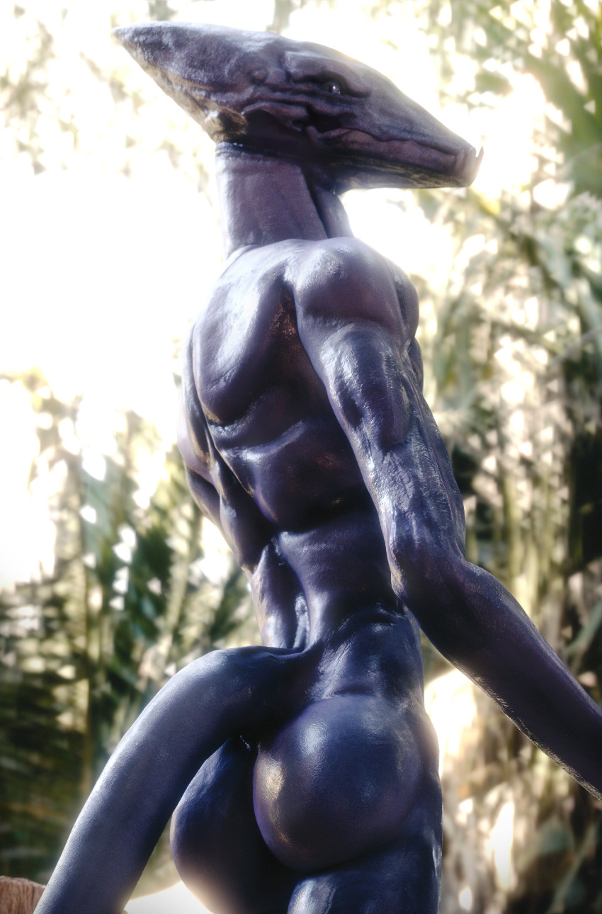 3d_(artwork) absurd_res alien anthro ardub blue_body blue_eyes blue_skin butt digital_media_(artwork) forest herriotza hi_res looking_at_viewer male nude outside plant side_view solo standing tail taulsol_(teraurge) teraurge tree