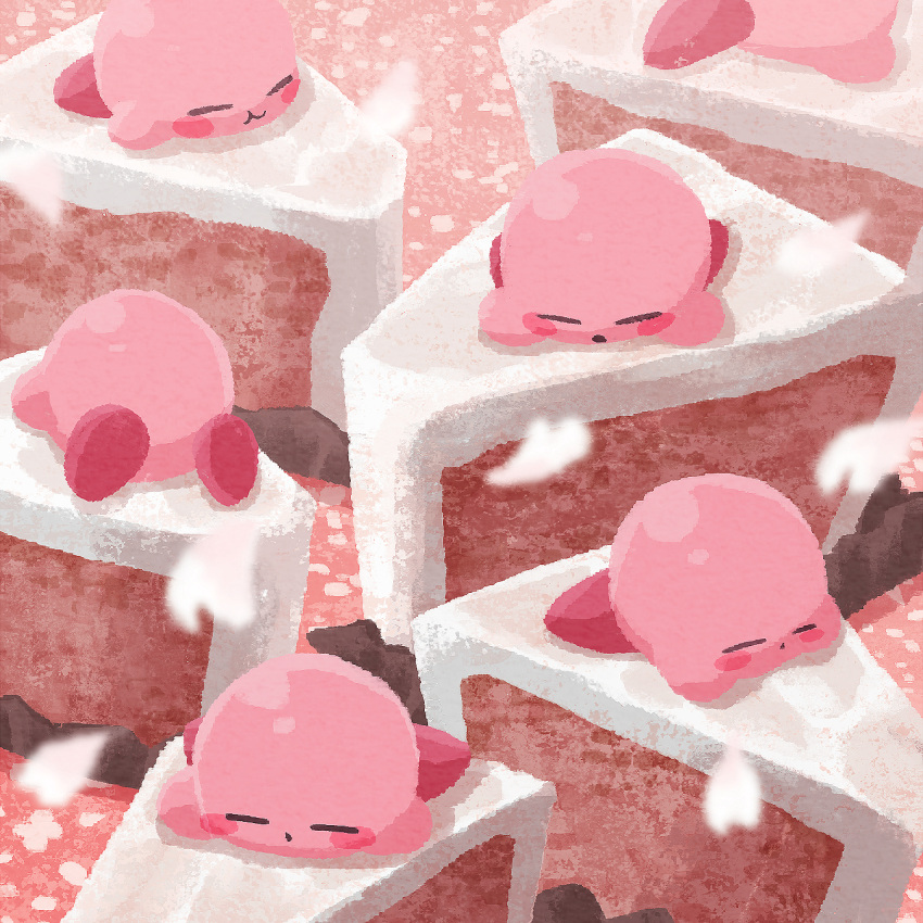 cake cake_slice cherry_blossoms clone closed_eyes falling_petals food food_focus highres kirby kirby's_dream_land kirby_(series) miclot no_humans open_mouth petals pink_theme sleeping