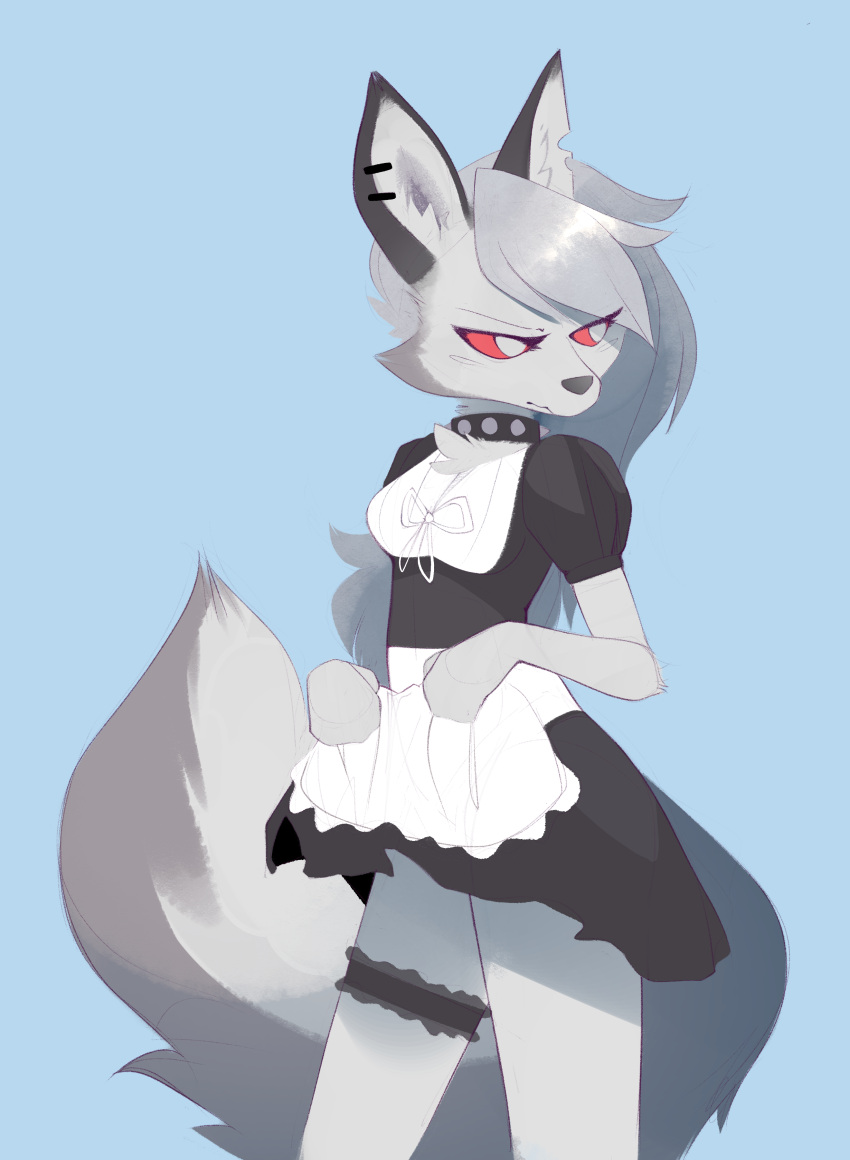 2023 absurd_res anthro b-epon blue_background canid canid_demon clothed clothing collar demon digital_media_(artwork) female fluffy fluffy_tail hair hellhound helluva_boss hi_res loona_(helluva_boss) maid_uniform mammal notched_ear red_sclera silver_hair simple_background solo spiked_collar spikes tail uniform