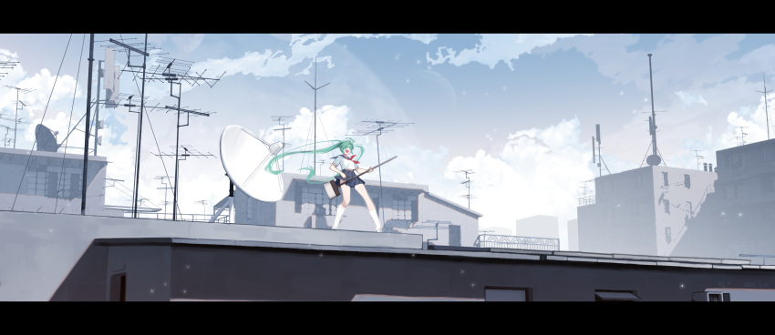 1girl ahoge aqua_eyes blue_skirt broom broom_guitar building cloud faceless faceless_female floating_hair hair_over_eyes highres holding holding_broom kneehighs letterboxed long_hair neckerchief open_mouth original outdoors qianhui red_neckerchief rooftop satellite_dish shirt short_sleeves skirt smile socks solo standing twintails unconventional_guitar very_long_hair white_shirt white_socks wind