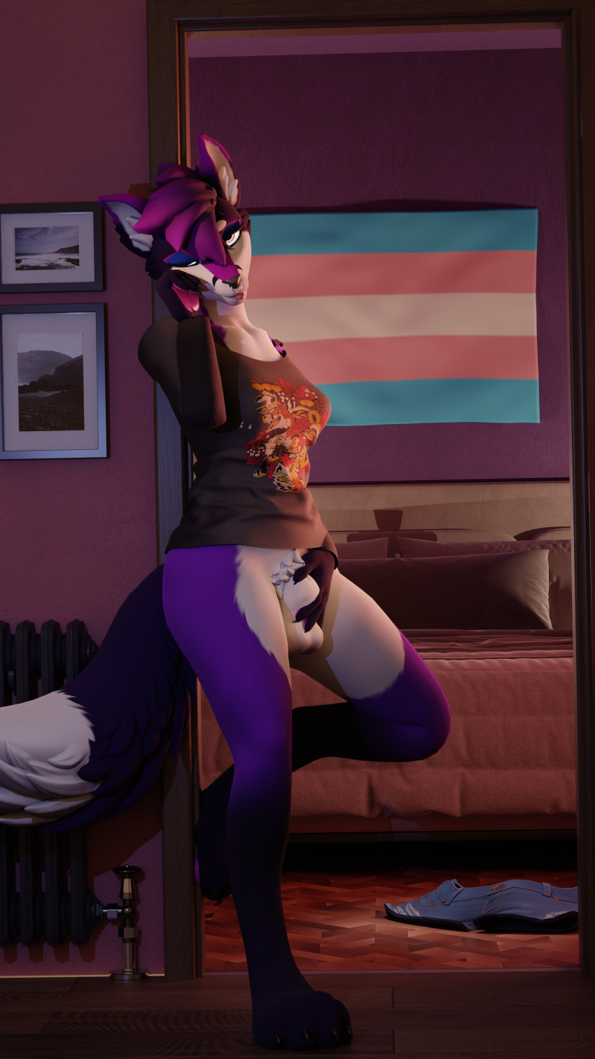 3d_(artwork) absurd_res anthro bedroom blender_(software) blender_cycles canid canine clothed clothing digital_media_(artwork) female fox genitals herm hi_res holding_penis intersex inviting itsjag jag looking_at_viewer mammal pantsless partially_clothed penis solo tired tired_eyes trans_(lore) wiping_face