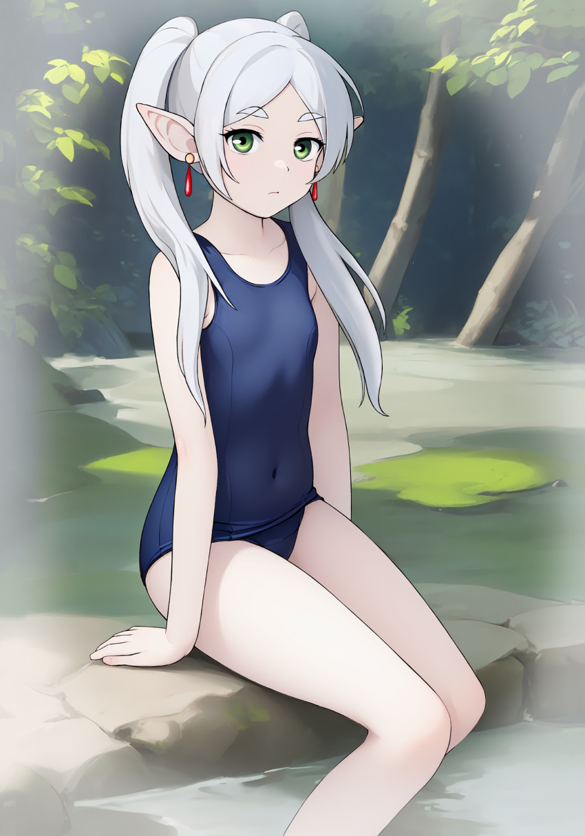 1girl blue_one-piece_swimsuit breasts commentary_request covered_navel earrings elf feet_out_of_frame forest frieren green_eyes highres jewelry long_hair nature neopure old_school_swimsuit one-piece_swimsuit pointy_ears rock school_swimsuit small_breasts soaking_feet solo sousou_no_frieren swimsuit twintails white_hair